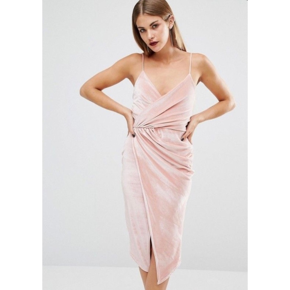 ASOS Blush Pink Front Wrap Velvet Slit Midi Dress Small